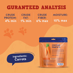 Étiquette Jack&Pup Just Carrot Chews indiquant 100% carotte sans additifs.