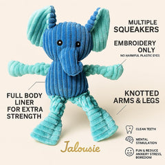 Jalousie doudou-pluche-sifflet chien, durabilité renforcée et jeu prolongé.