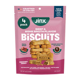 Biscuit Jinx au bouillon d'os de bœuf - emballage visible, snack pratique pour chien.