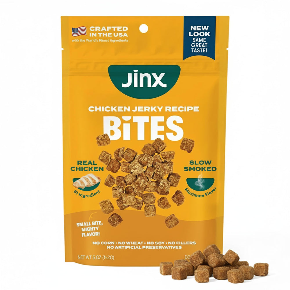 Jinx Chicken Bites emballage affiche une récompense pratique pour chiens