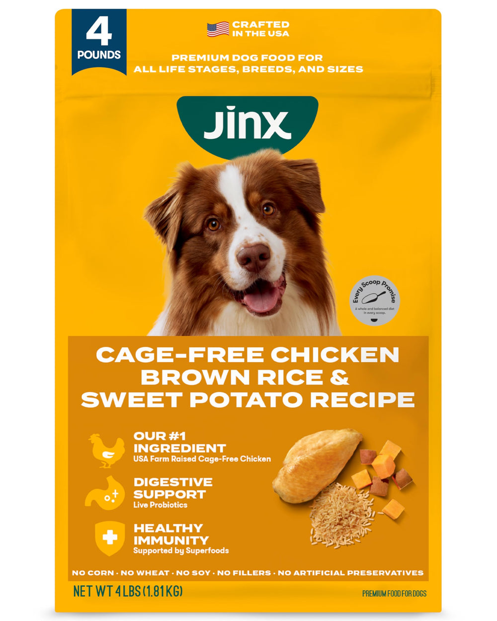 Chien dégustant Jinx poulet réel et riz brun, protéines de qualité.