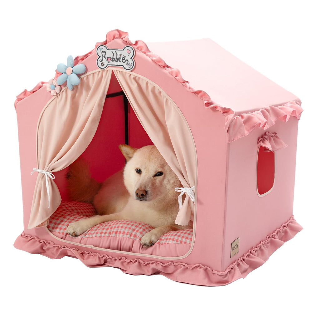 Jiupety maison chien intérieur rose avec cadre stable pour le repos.
