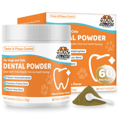 Poudre nettoyante Jollyfit pour chiens en bocal, nettoyage en douceur et haleine fraîche.