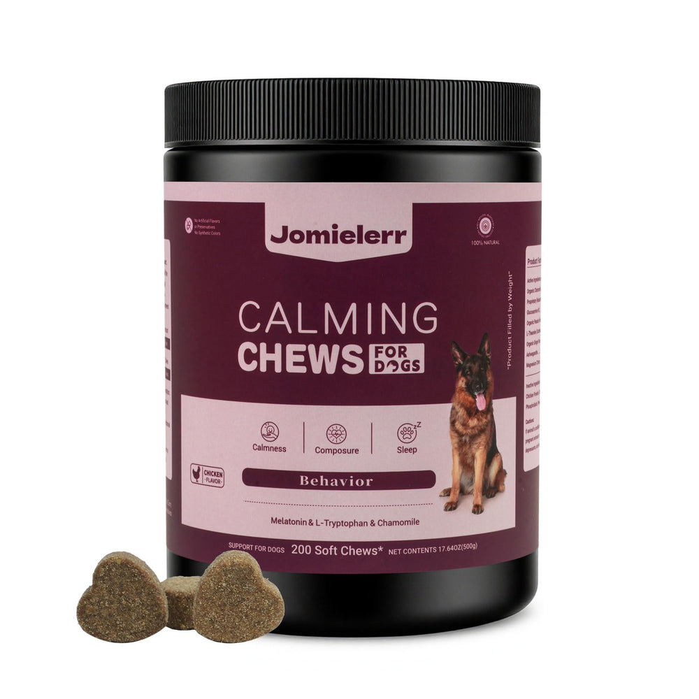 Jomielerr friandises apaisantes pour chiens dans une bouteille, favorisant un rituel calme.