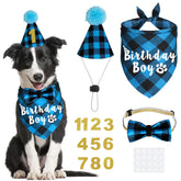 Bandana JOTFA anniversaire pour chien en plaid bleu, idéal pour les séances photo.