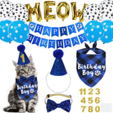 Chat portant chapeau anniversaire JOTFA bleu et ajustable pour photos mémorables.
