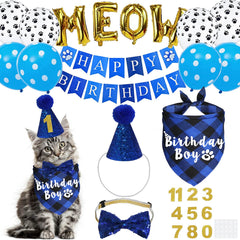 Chat portant chapeau anniversaire JOTFA bleu et ajustable pour photos mémorables.