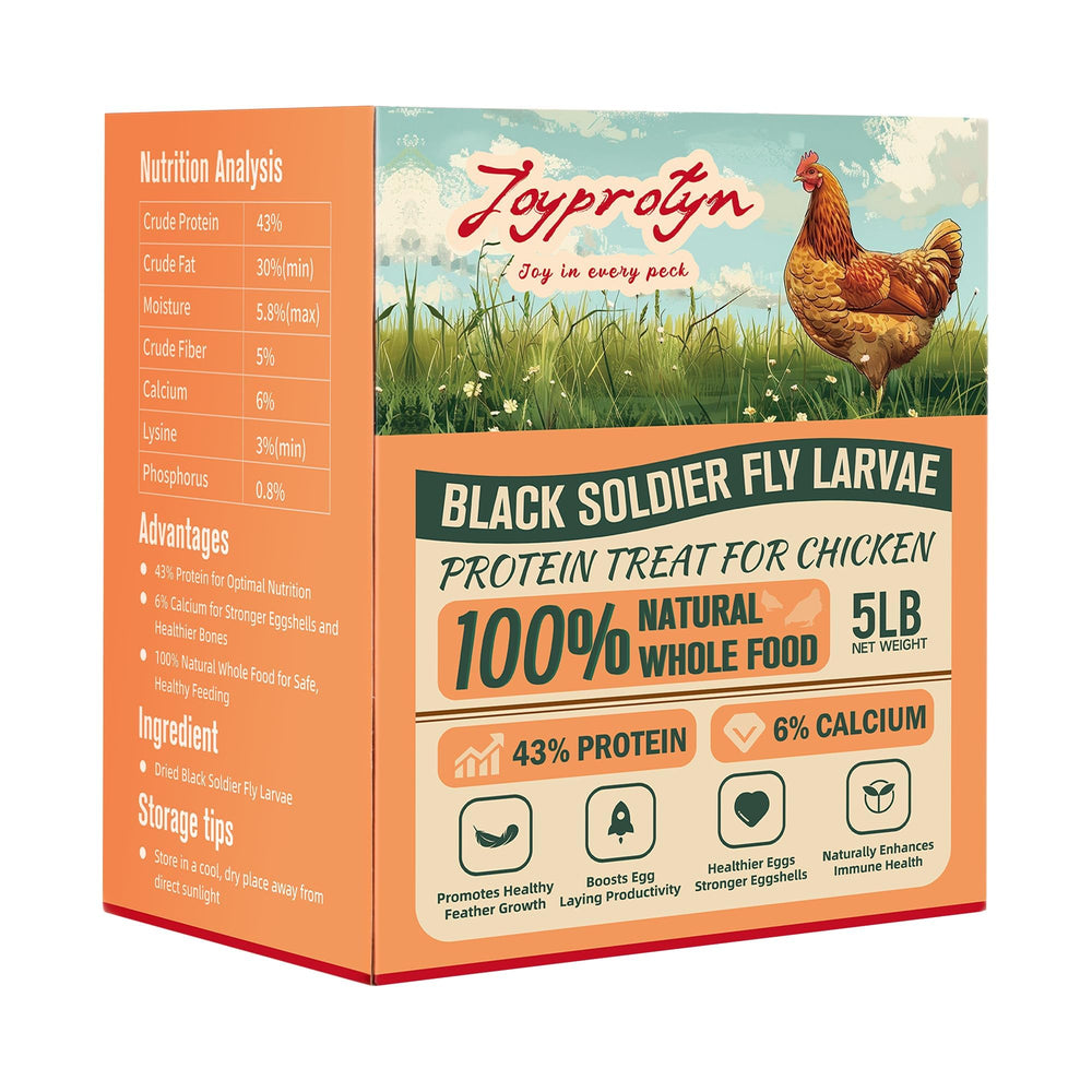 Joyprotyn BSFL: emballage 5lb de larves noires sèches, pratique et durable.