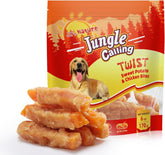 Bouchées Jungle Calling pour chien, poulet sans peau enroulé patate douce, délice sain.