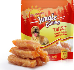 Bouchées Jungle Calling pour chien, poulet sans peau enroulé patate douce, délice sain.