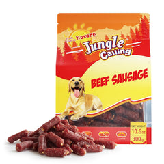 Friandise Jungle Calling Saucisse de boeuf tendre dans son sachet, pratique pour chiens.