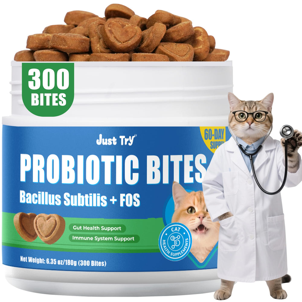 Just Try 300 Bites: bouchées probiotiques au poulet pour chats, soutien digestif potentiel.