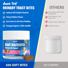 Étiquette claire Just Try Bites montrant Q10 et taurine pour chats.