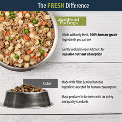JustFoodForDogs nourriture humide dinde et macaroni, soutien nutritionnel pour chiens actifs.