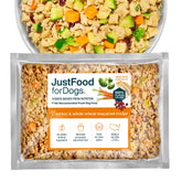 JustFoodForDogs emballage dinde-macaroni complet, repas pratique et équilibré.
