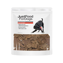 JustFoodForDogs friandises foie de boeuf emballage, snack sain et appétissant pour chien.