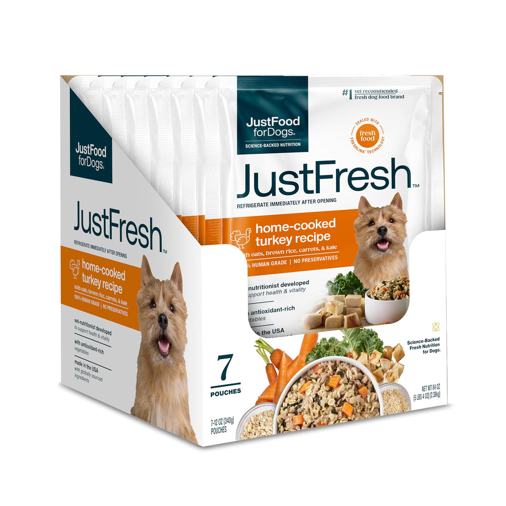 JustFoodForDogs JustFresh sachets dinde maison – repas humide prêt à servir sans conservateurs.