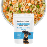 JustFoodForDogs Nutrient Blend en bocal; poisson et patate douce, repas maison.
