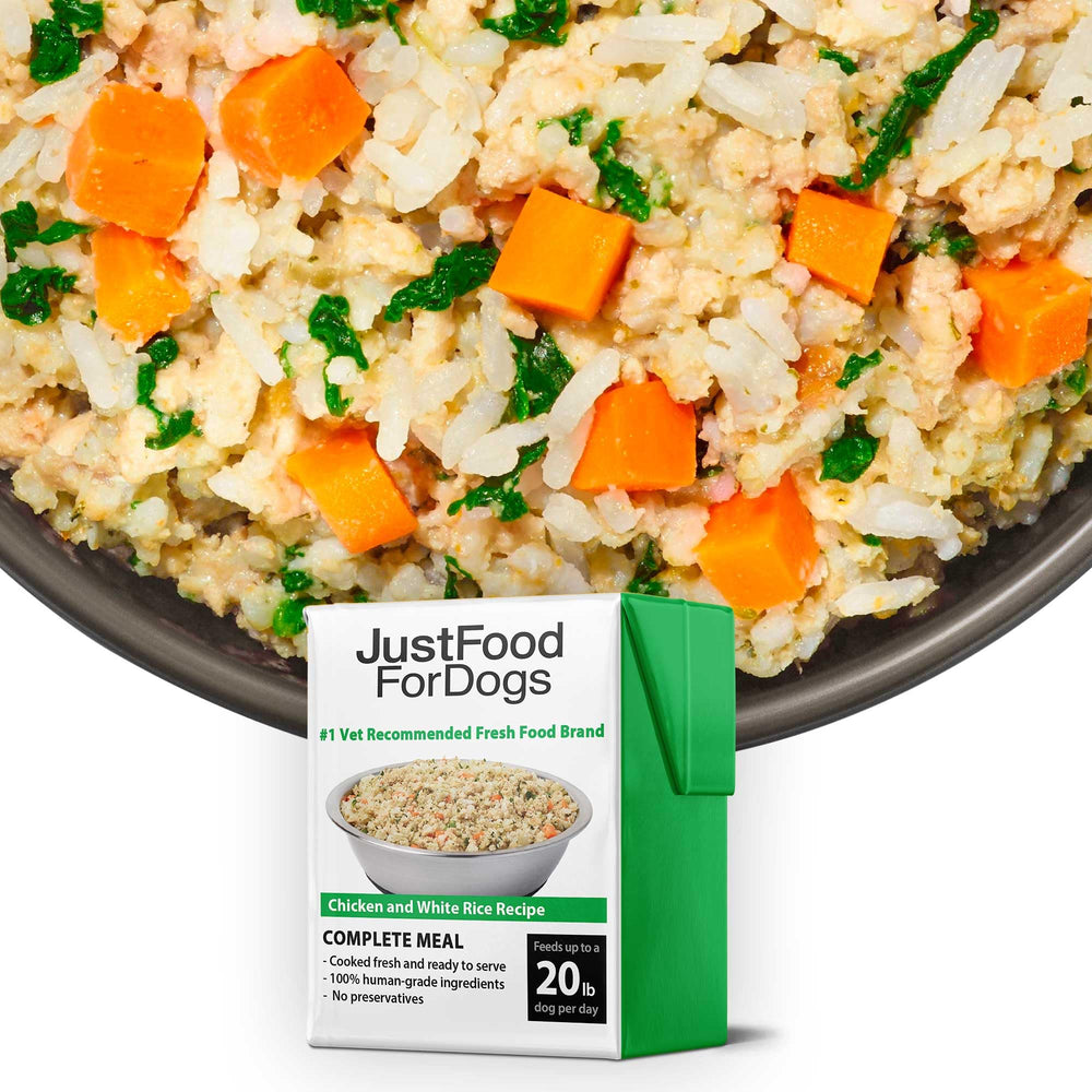 JustFoodForDogs Pantry Fresh, bol de repas poulet et riz, goût appétissant.
