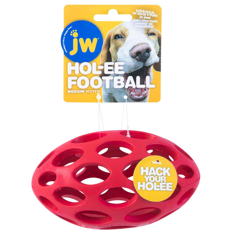JW Hol-ee Football, balle puzzle en caoutchouc naturel prête à être remplie de friandises.