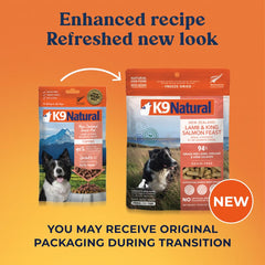 K9 Natural ingrédients-reels agneau et saumon, démontrant qualité et fraîcheur.