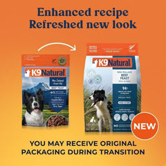 K9 Natural ingrédients réels sans céréales, portions visibles et naturelles pour chien.