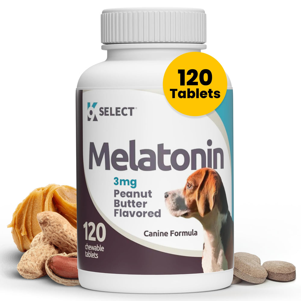 K9 Select Mélatonine : bouteille ouverte, soutien apaisant pour le sommeil du chien.