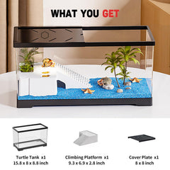 KAKOOTI aquarium tortue – plateforme de bain intégrée favorisant les périodes de repos.