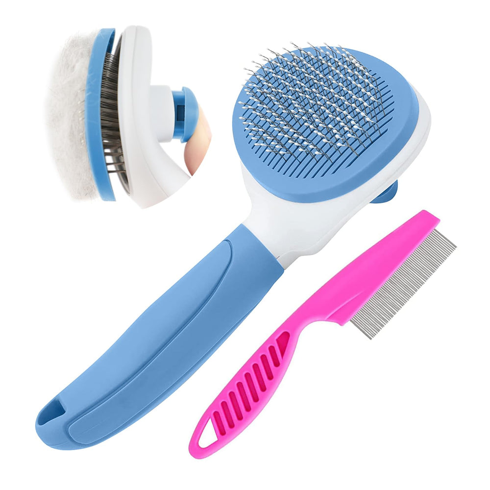 Brosse Kalamanda auto-nettoyante pour chat bleu, élimine poils morts en douceur.
