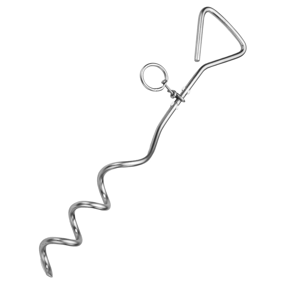 Katzco Pieu-attache-chien 16po en chrome, robuste pour le jardin et les sorties.