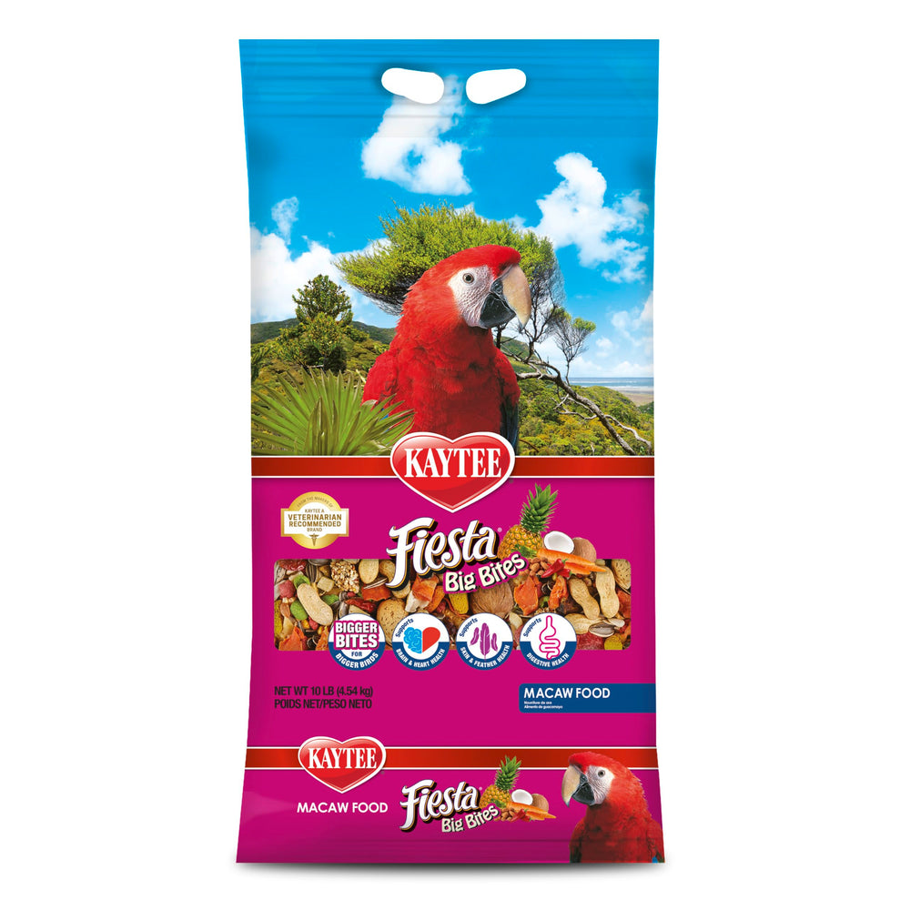 Kaytee Fiesta Big Bites Macaw Food emballage visible et pratique pour une alimentation sûre