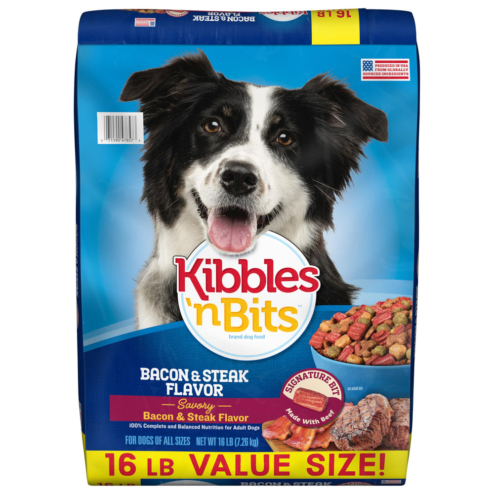 Nourriture sèche Kibbles 'n Bits Bacon et Steak, sac 16 livres pour chien adulte.