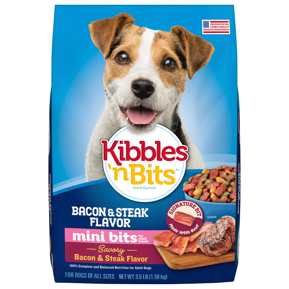 Kibbles 'n Bits Mini Bits sac 3-5 lb, bacon et steak savoureux pour petit chien.