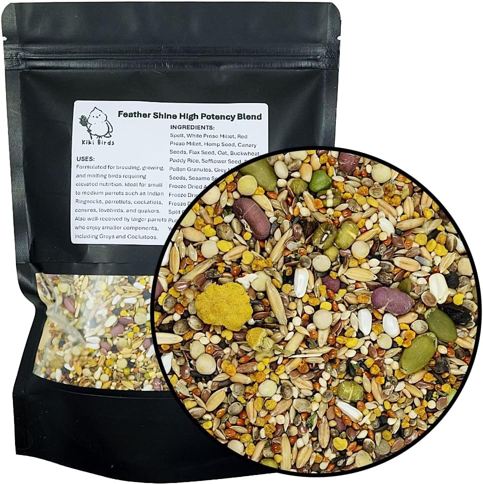 KikiBirds Feather Shine en boîte, alimentation pratique pour perroquets.