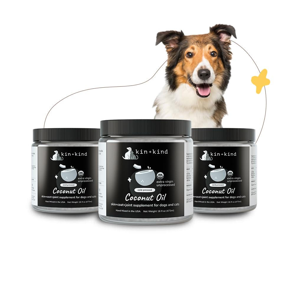 Kin-kind huile coco bio – pelage hydraté et peau saine chez chien et chat.