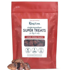 King Lou Pets: coeurs de poulet entiers séchés dans l'emballage, récompense naturelle.