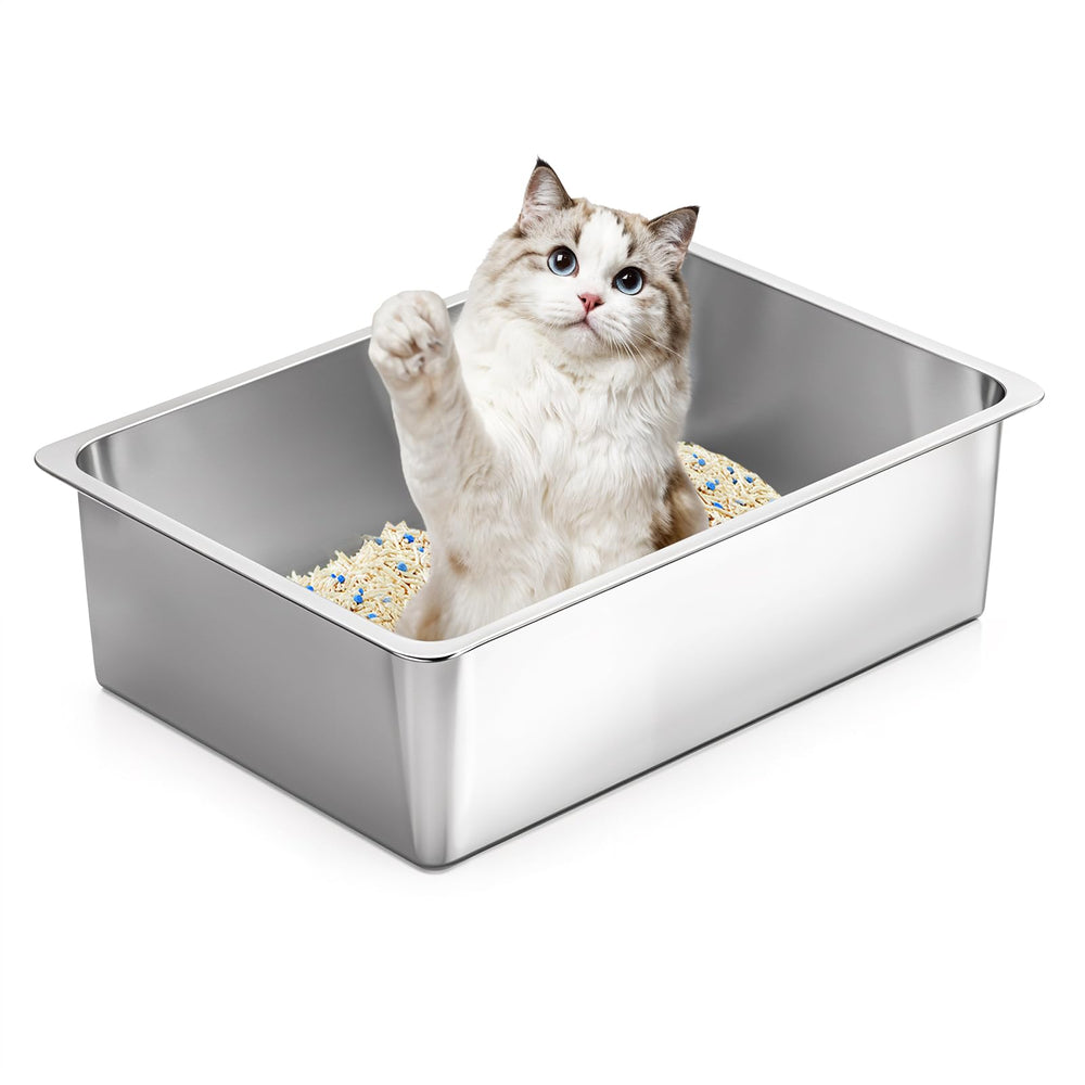 Kirecoo litière inox ouverte: idéale pour chats anxieux aimant l'espace libre.