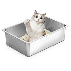 Kirecoo litière inox ouverte: idéale pour chats anxieux aimant l'espace libre.