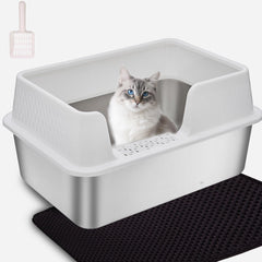 Kittenhood litière haute en acier inoxydable, vue avant, réduction des éclaboussures.