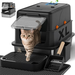 KittyLetto boite-litiere inox noir avec couvercle, design durable et pratique.