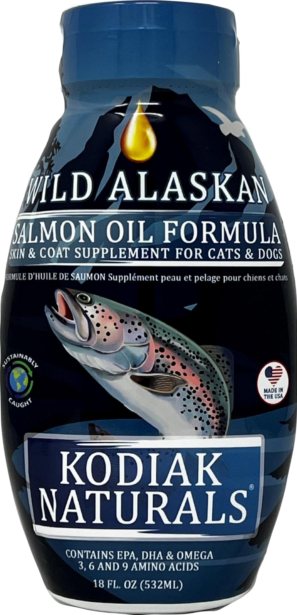 Kodiak Naturals huile saumon sauvage – bouteille 18oz, peau et pelage sains.