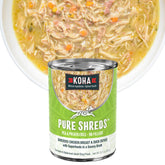 KOHA Pure Shreds : boîte poulet et canard, repas humide apprécié par les chiens sensibles.