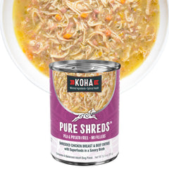 KOHA Pure Shreds texture émiettée poulet et boeuf, repas sûr pour estomacs sensibles.