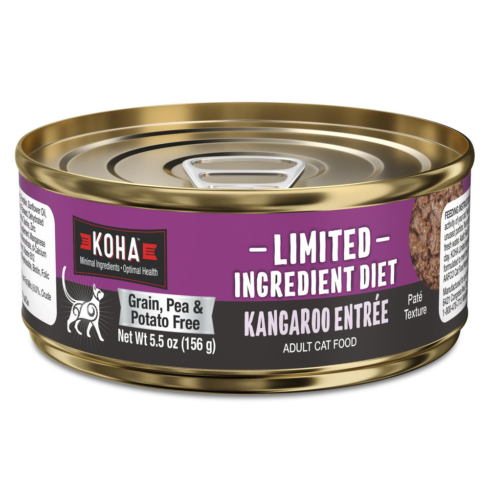 KOHA régime ingrédients limités kangourou paté pour chat, emballage pratique, adapté estomacs sensibles.