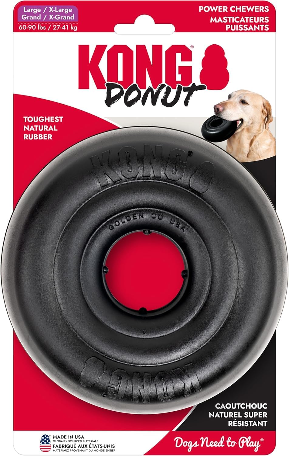 Jouet KONG Extreme Donut en caoutchouc naturel ultra-résistant pour chiens puissants.