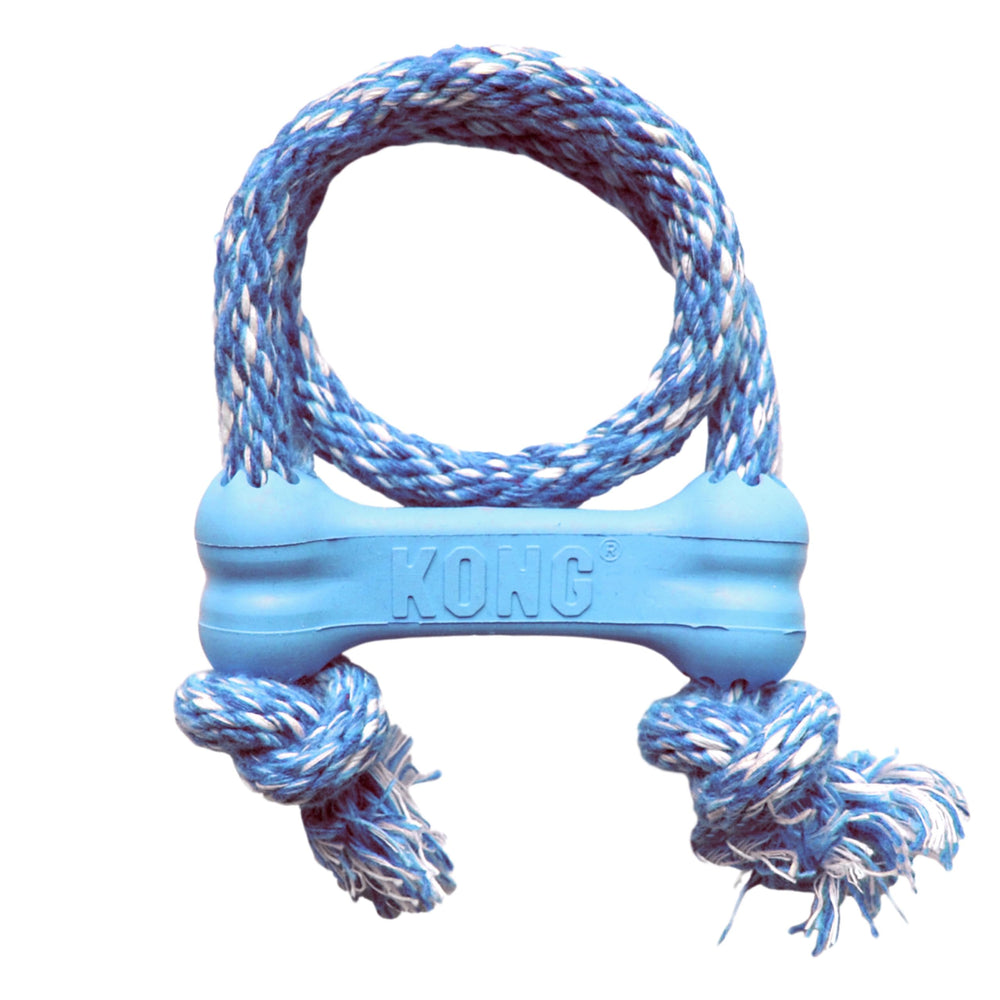 KONG Puppy Goodie Bone avec corde bleu, os en caoutchouc naturel pour chiots.