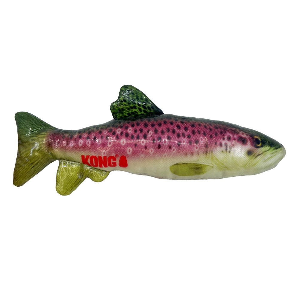 Jouet Kong Wild Shield poisson-truite pour chien moyen, durable et ludique.