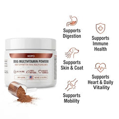 Kopo poudre multivitamine pour chien sur bol-nourriture, rehausse les repas.
