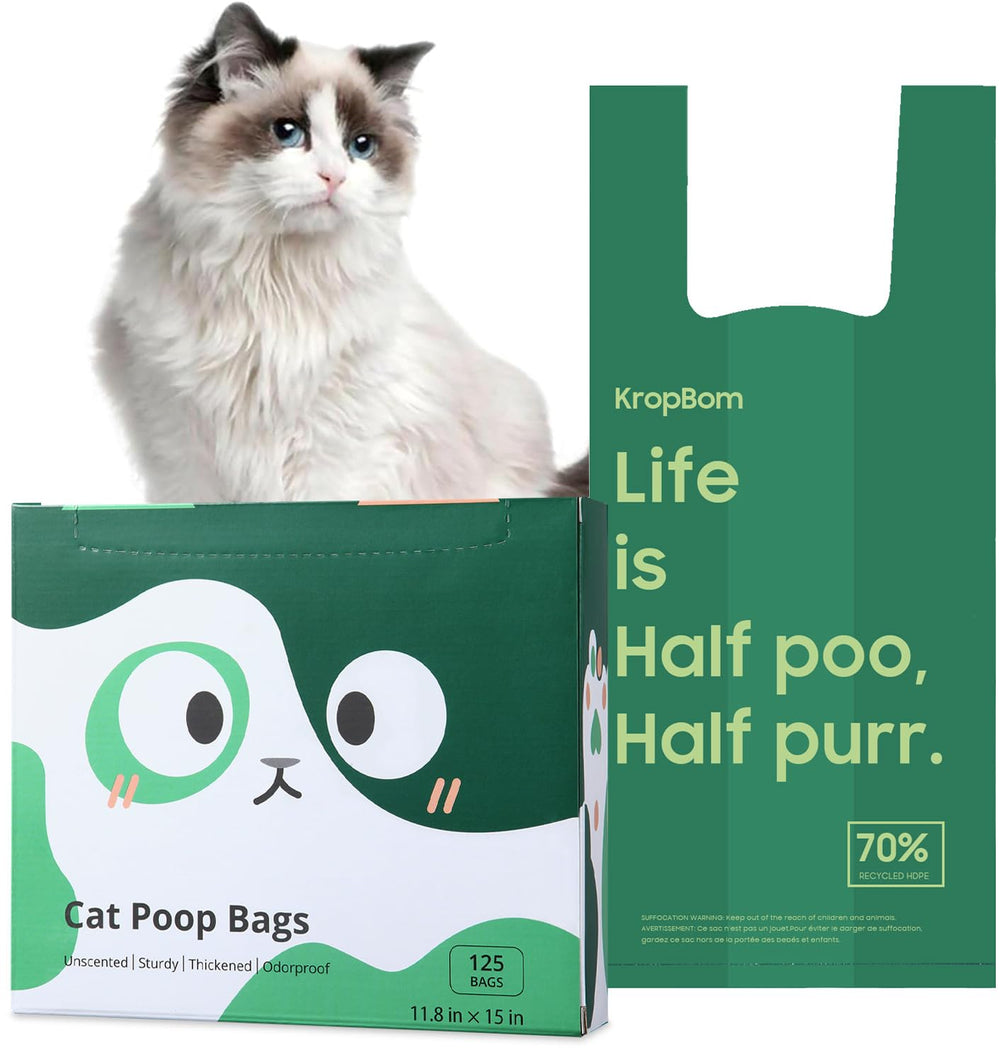 Sacs KropBom pour crottes de chat avec poignées, faciles à transporter et pratiques.