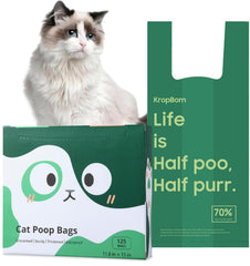 Sacs KropBom pour crottes de chat avec poignées, faciles à transporter et pratiques.